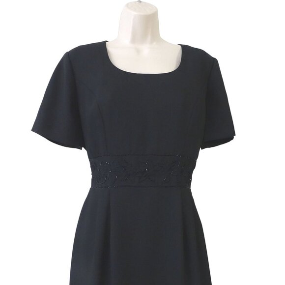 Vintage John Roberts Women Black Beaded Waist Midi Dress Size 6 Square Neck - Picture 2 of 14